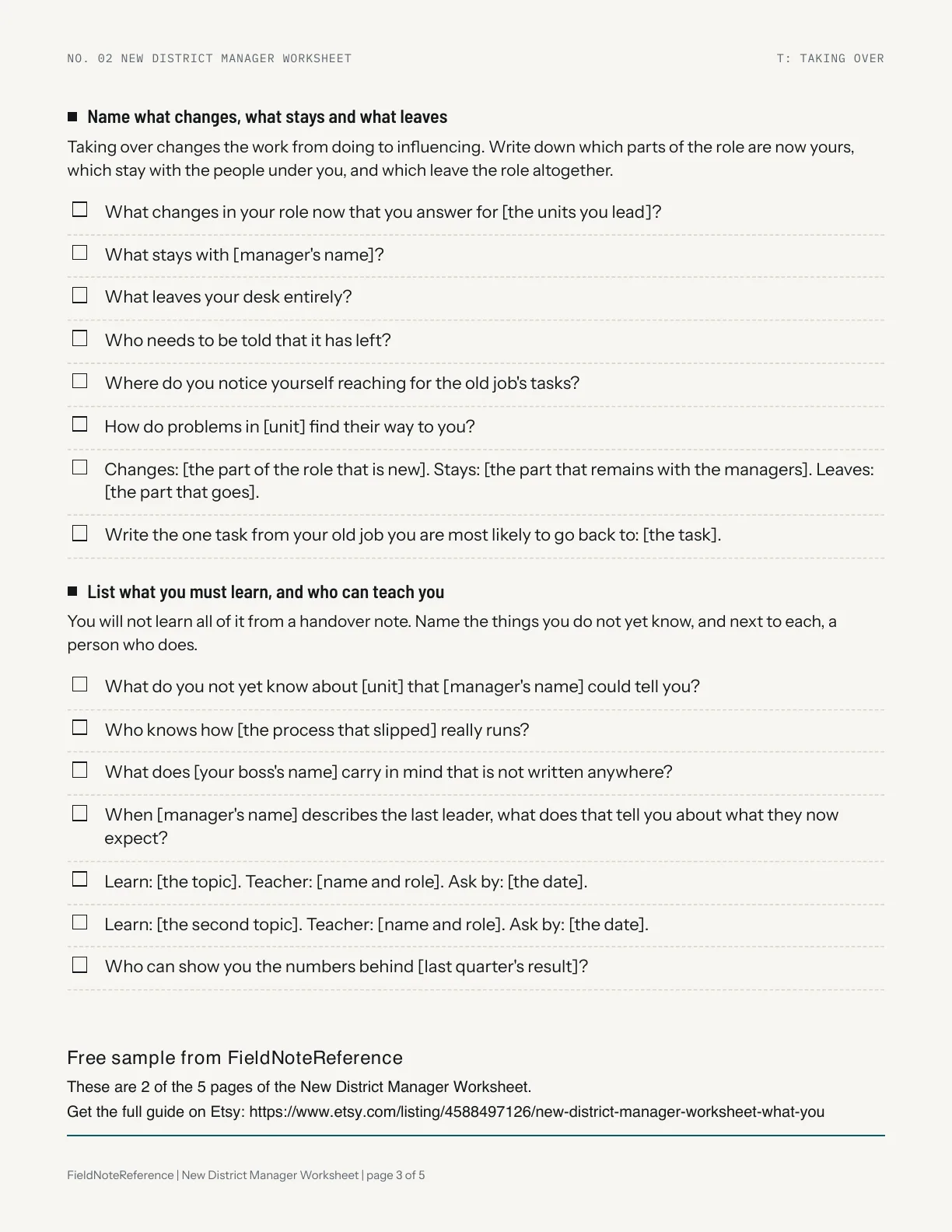 A worksheet page from the New District Manager Worksheet: ruled checklist rows with a box before each question
